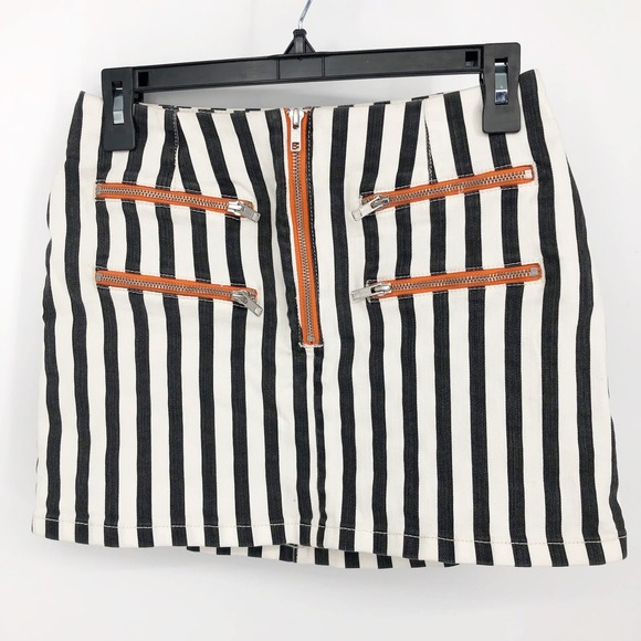Urban Outfitters Womens A-Line Mini Skirt Small White Striped Stretch Front Zip - Picture 3 of 7